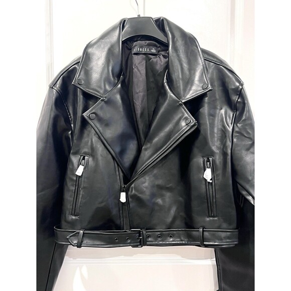 Lioness Faux Leather Jacket Staten Island Cropped Biker Jacket Size XL Black New - Picture 6 of 14